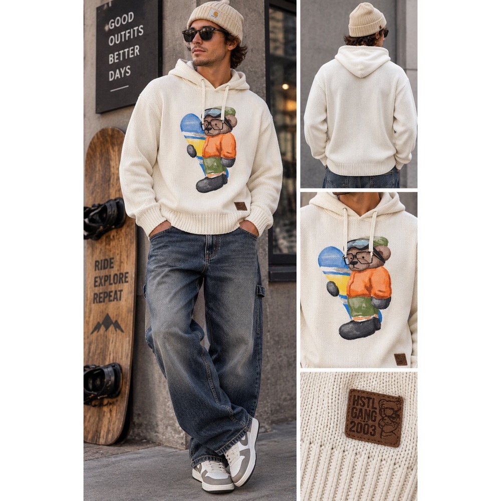 Y2K Hoodie Sweater Bear Snowboard Graphic Knit Streetwear Hip Hop Pullover